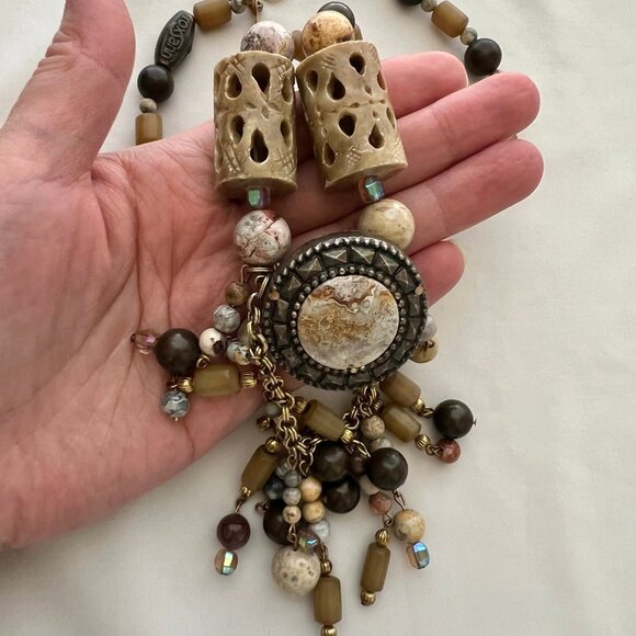Genuine Gemstone Jasper Mixed Beaded Statement Costume Artisan Estate Necklace - Picture 12 of 12